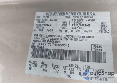 2000 Ford F-150 Lariat/Work Series/Xl/Xlt z USA, uszkodzony, nr VIN 1FTRX17L1YNA50543